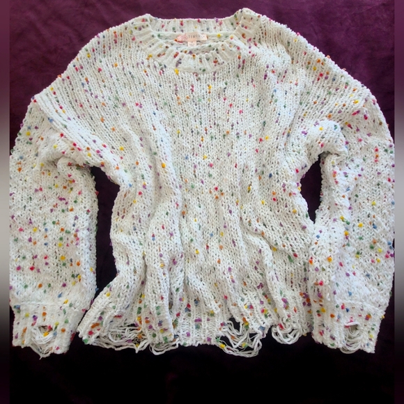 TIMING. Cream Speckled Confetti Oversized Destressed Sweater. Medium. - Picture 4 of 8